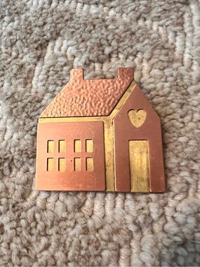 Vintage Metal Copper Heart House Small Hat Whimsical Pin